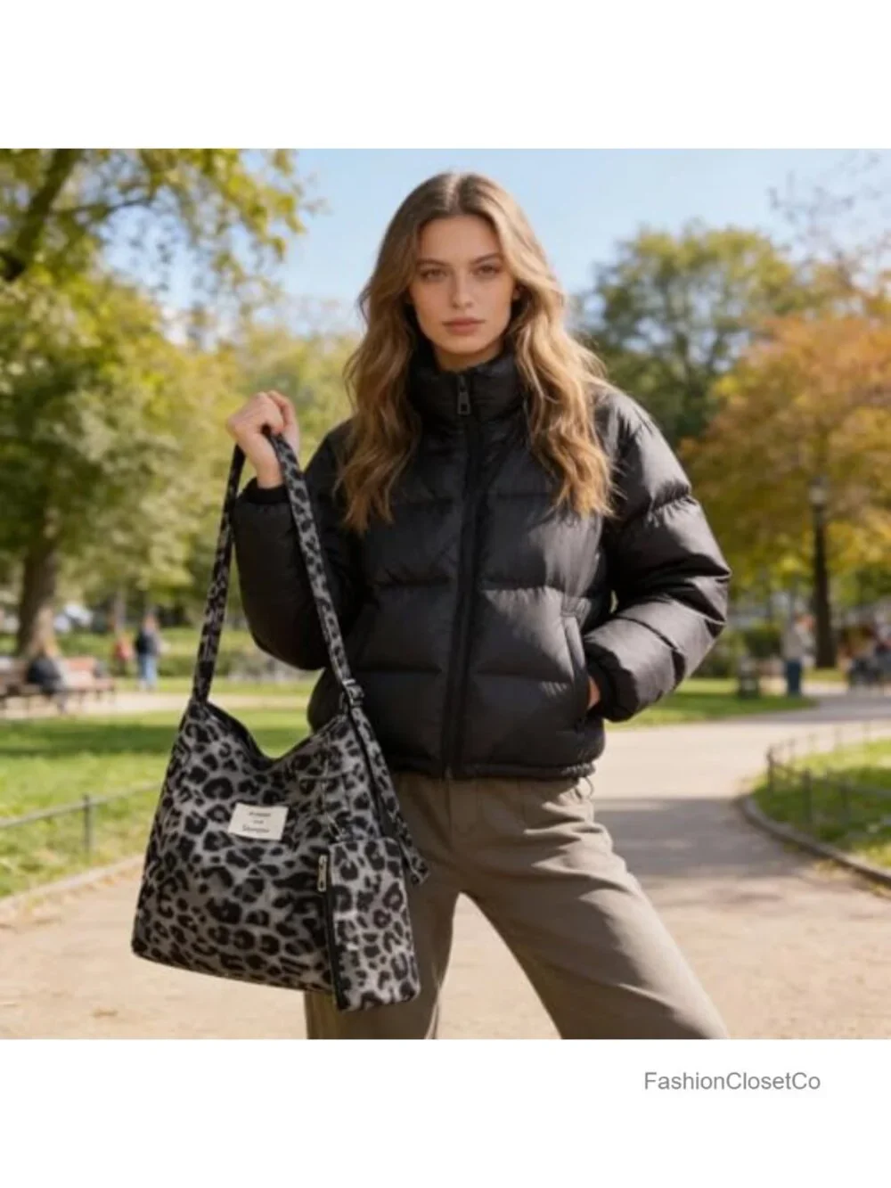 Leopard Print Corduroy Hobo Tote Bag with Adjustable Strap and Cosmetics Pouch